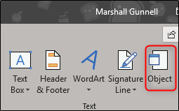 Вкладка 'Вставка' и кнопка 'Объект' в Excel