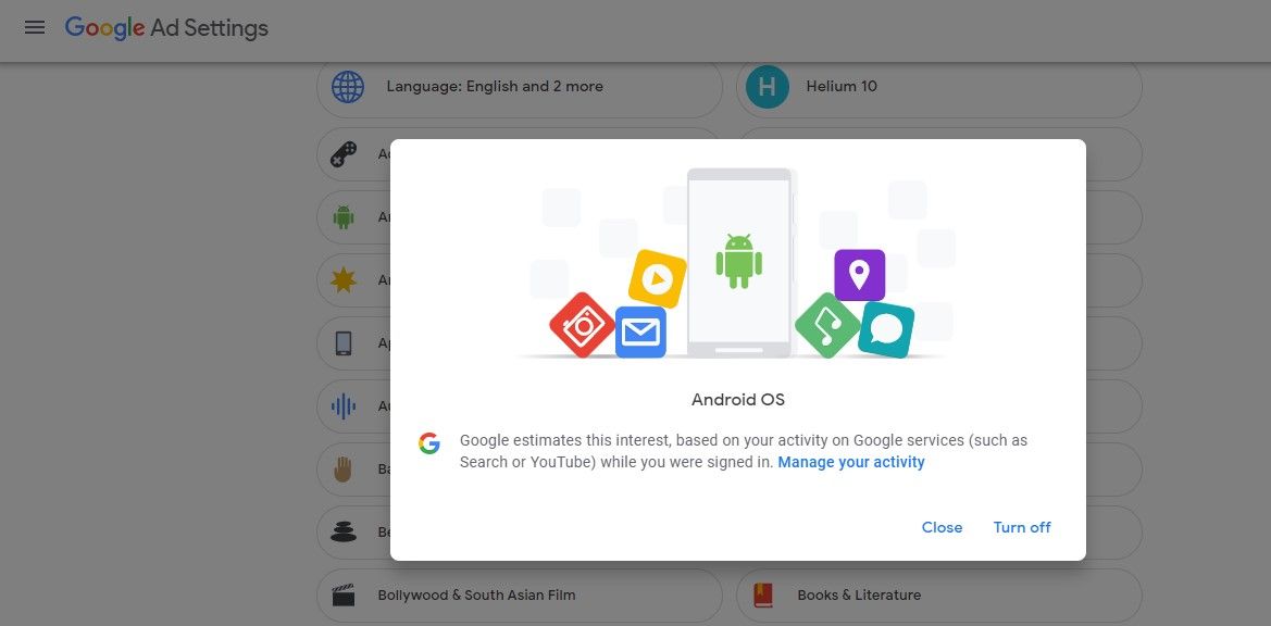 Отключение отдельных категорий для показа рекламы на странице настроек Google