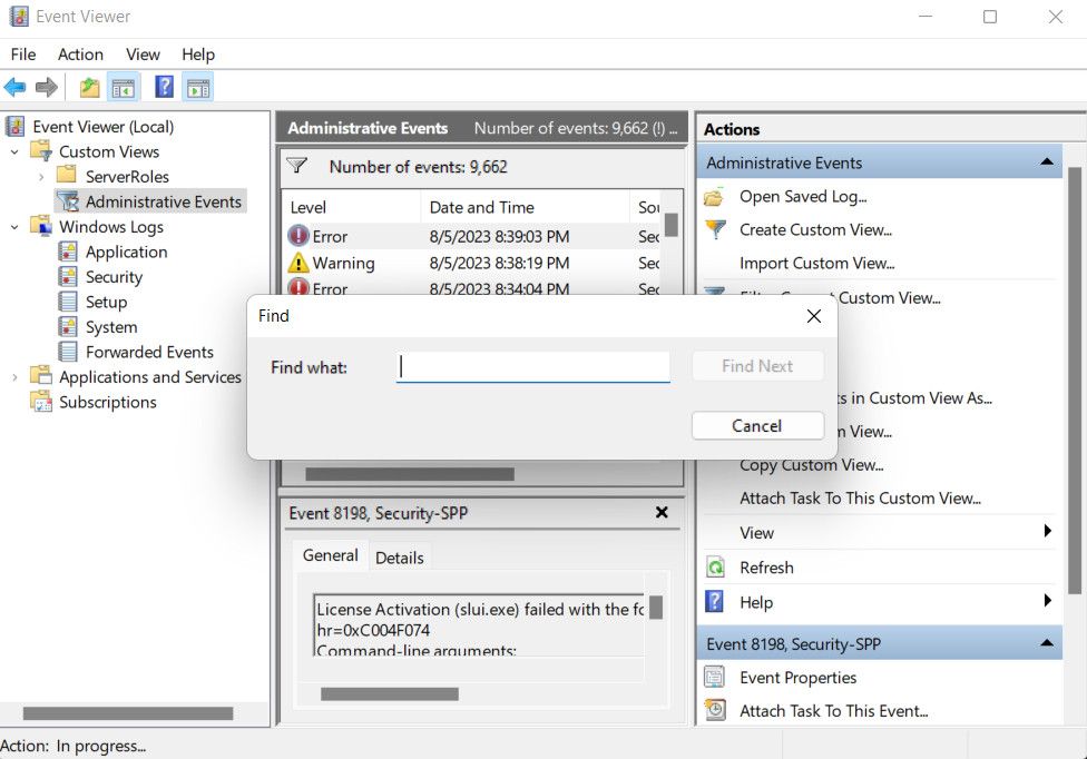 Поиск события в Просмотре событий