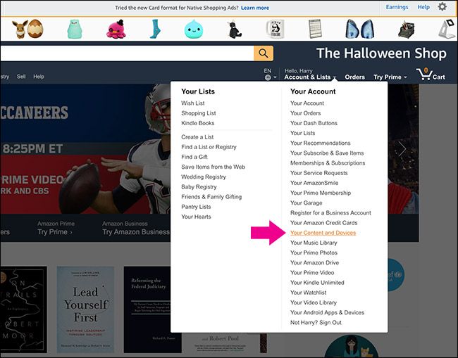 Меню «Ваше содержимое и устройства» в аккаунте Amazon