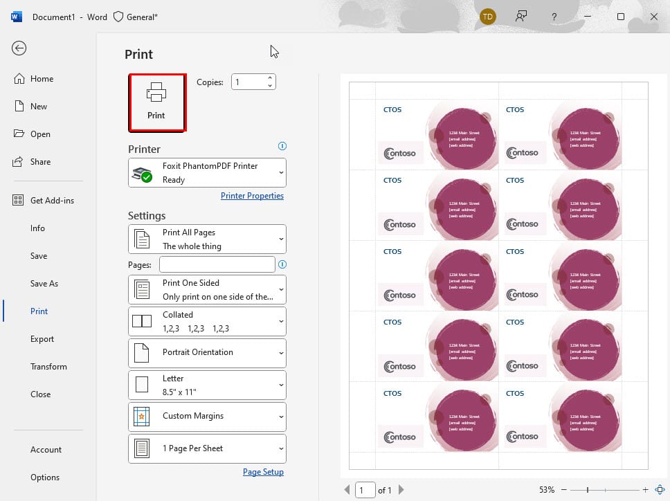 Предпросмотр печати визиток