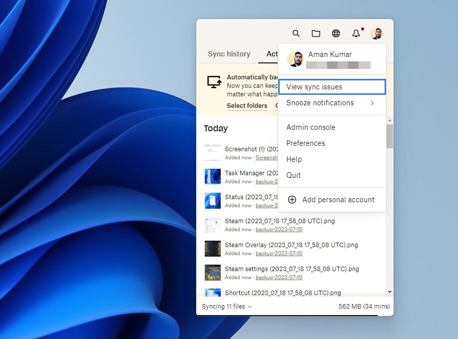 Окно Dropbox с опцией «Preferences» (Настройки)