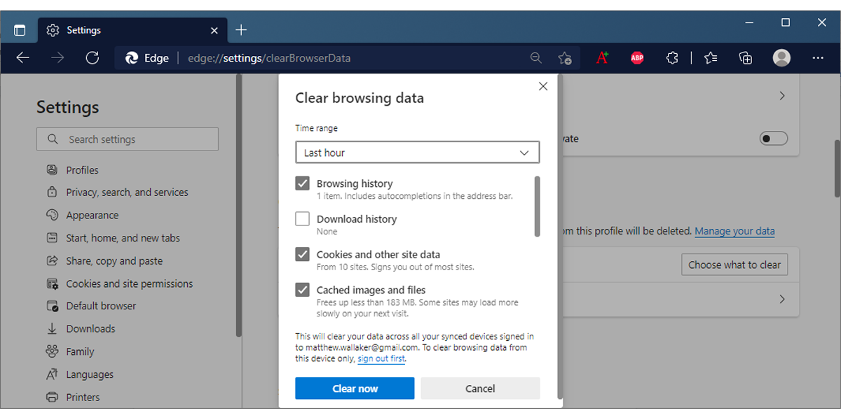 Очистка кеша Microsoft Edge
