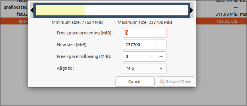Применение изменений в GParted