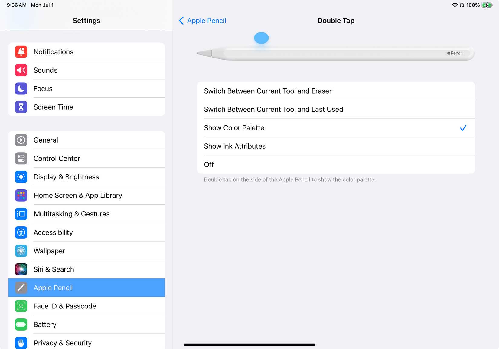 Настройки жеста двойного нажатия для Apple Pencil в iPad