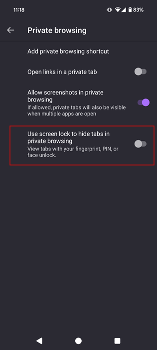 Ativando a opção para usar bloqueio de tela em abas privadas no Firefox para Android