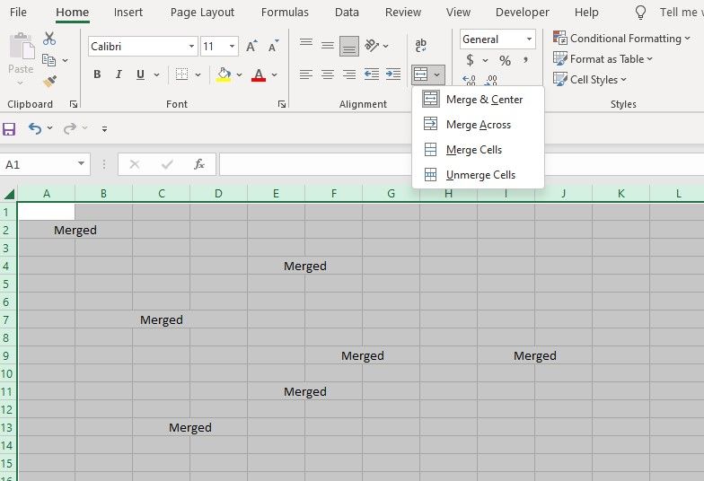 выделение всех объединённых ячеек и их разблокировка
