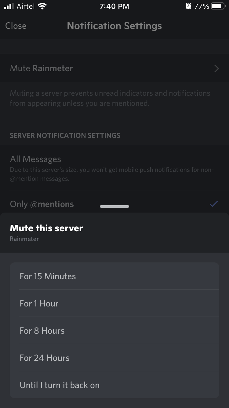 Выбор длительности заглушения на iOS