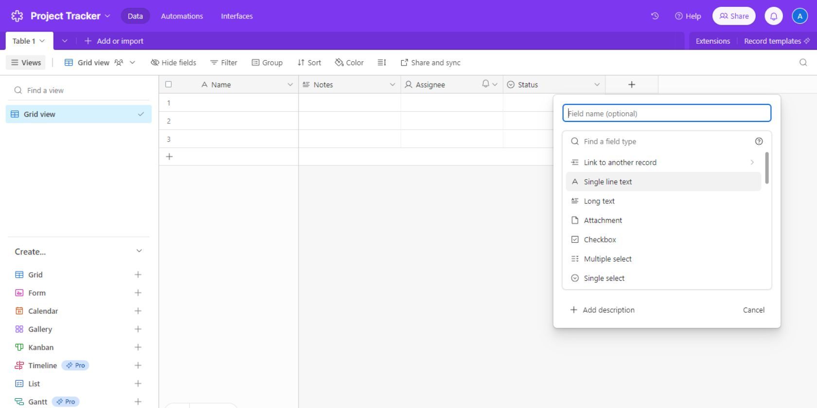 Скриншот Airtable, показывающий как добавить новое поле