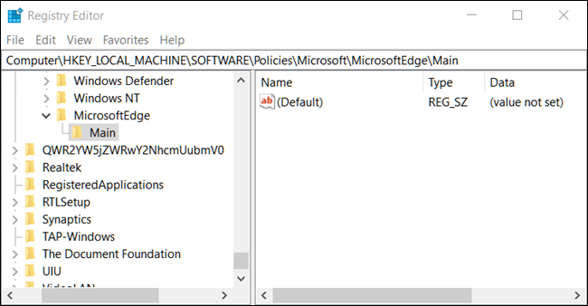 Навигация к ключу MicrosoftEdgeMain