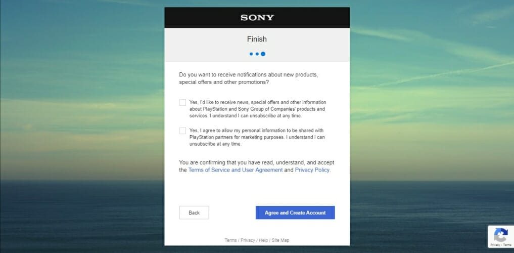 Экран соглашения PSN перед созданием аккаунта