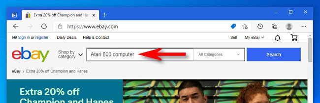 Ввод запроса на сайте eBay на компьютере