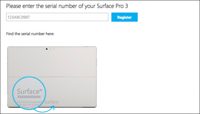 Страница загрузки Microsoft с формой ввода серийного номера Surface