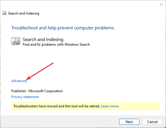 Окно устранения неполадок поиска — кнопка Дополнительно