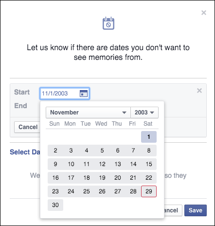 Выбор диапазона дат для фильтра воспоминаний