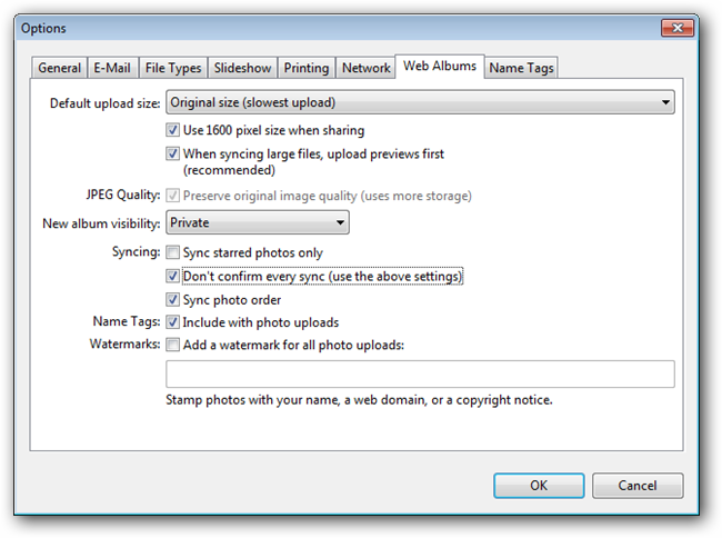Подтверждение настроек загрузки в Picasa и выбор приватности альбома