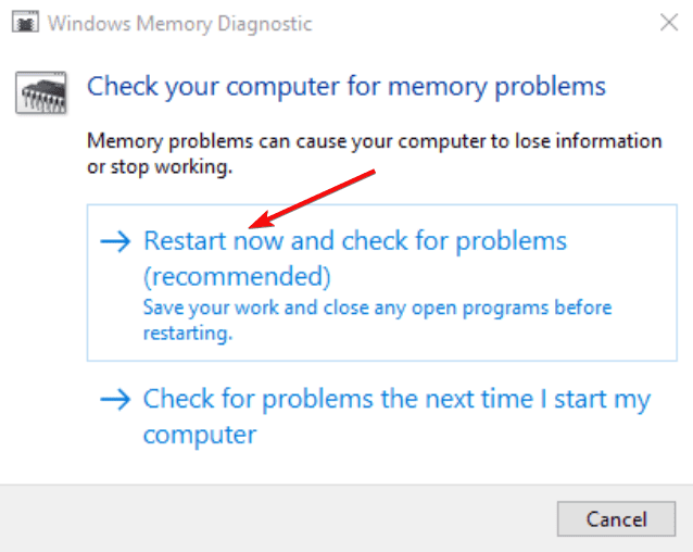 Окно диагностики памяти Windows