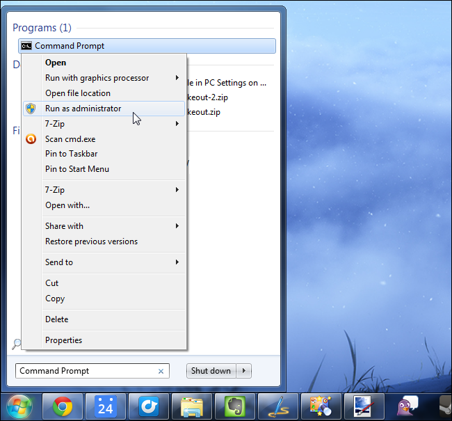 Открыть командную строку от имени администратора в Windows 7
