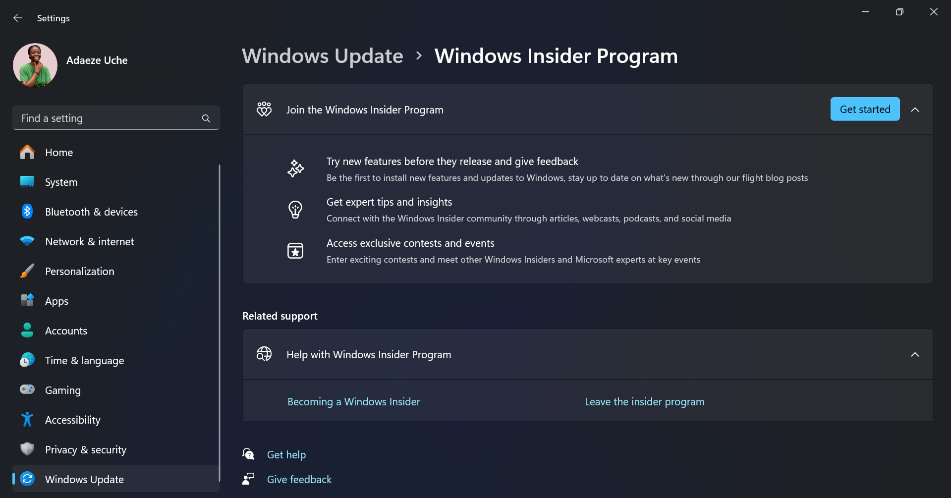 Страница программы Windows Insider в приложении Параметры на ПК с Windows 11