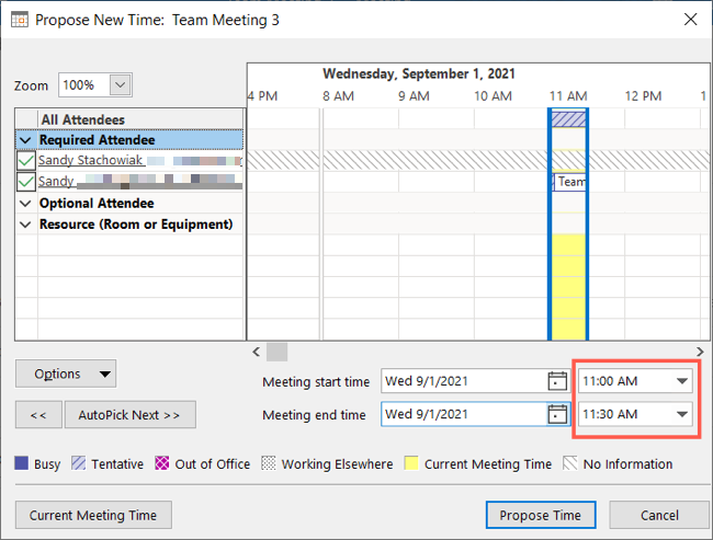 Выберите время и нажмите Propose Time