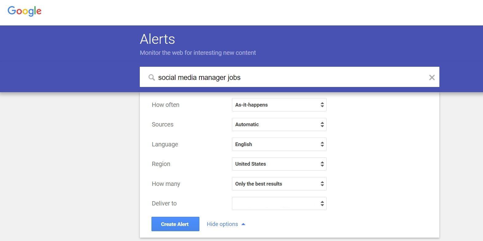 Кнопка создания оповещения в Google Alerts