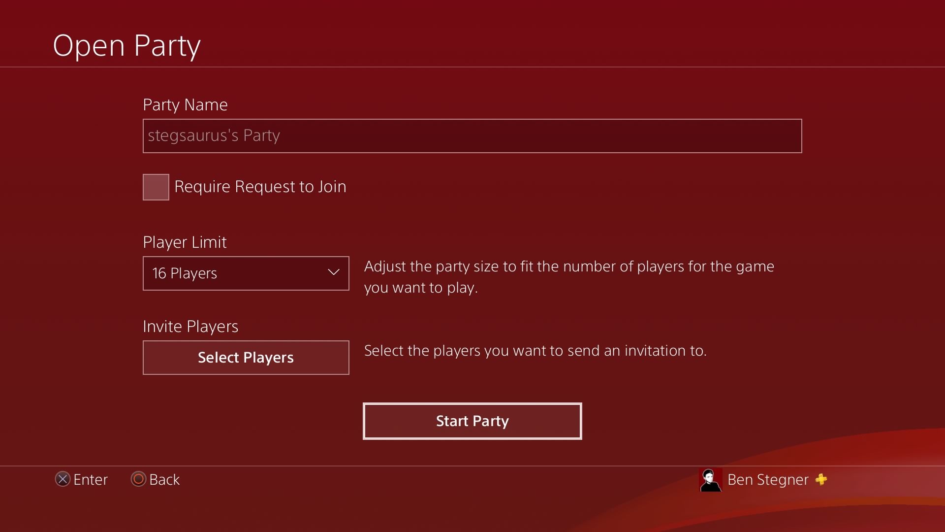 Настройки открытой Party на PS4