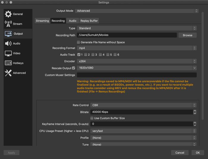 как транслировать на youtube с mac через obs - obs output settings 2 1