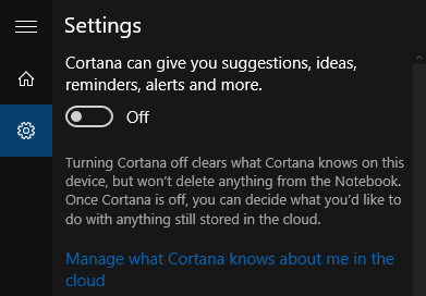 Настройки Cortana в Windows 10