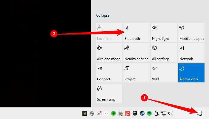 Центр уведомлений Windows с плиткой Bluetooth для быстрого включения и выключения