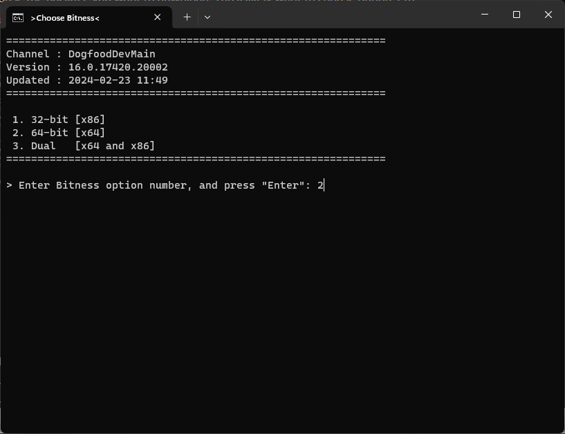 Меню выбора 64‑битной или 32‑битной версии Office
