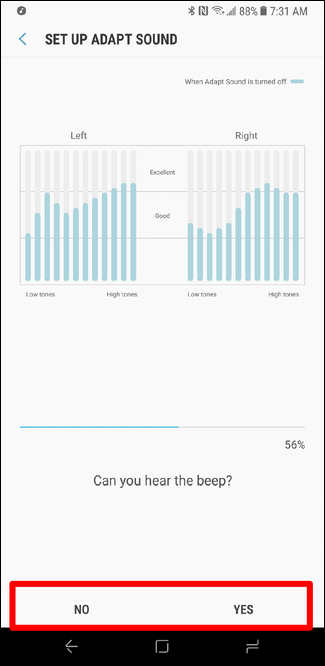 Экран теста Adapt Sound: вопрос слышите ли вы сигнал в ухе