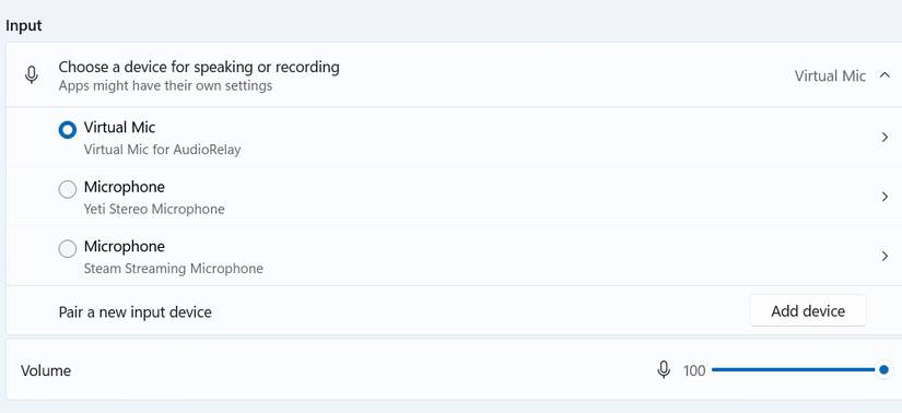 Параметры звука Windows показывают входные устройства и виртуальный микрофон AudioRelay
