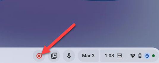 Красная кнопка остановки записи на панели задач Chromebook.