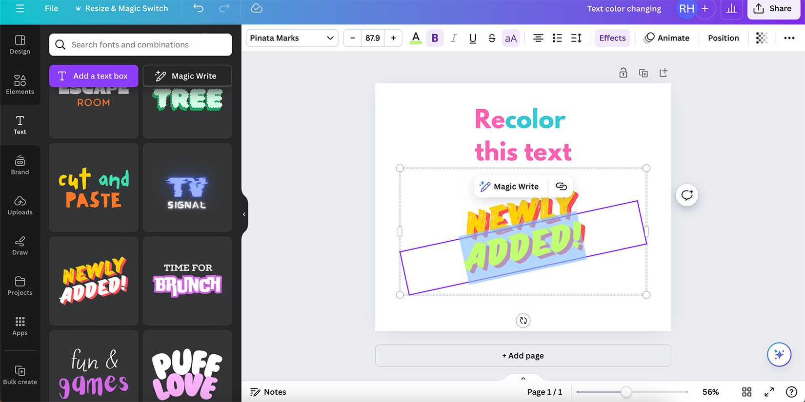 Перекрашивание шрифтовых сочетаний в Canva