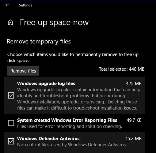 Окно «Освободить место сейчас» в Windows 10 (апрель 2018)