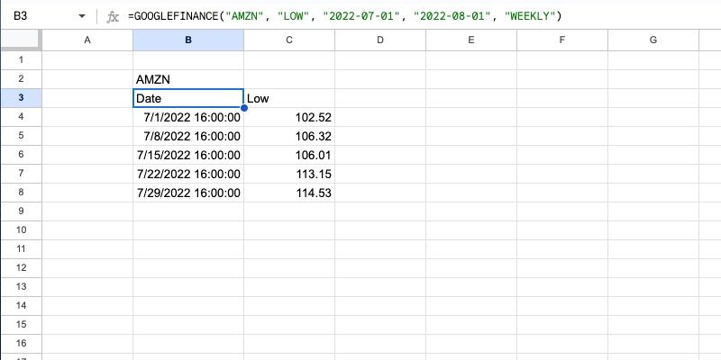 Формула GOOGLEFINANCE с указанием интервала