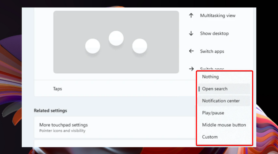 Параметры действий для касаний трёх пальцев