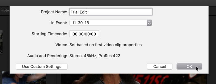 Создание нового проекта в Final Cut Pro X