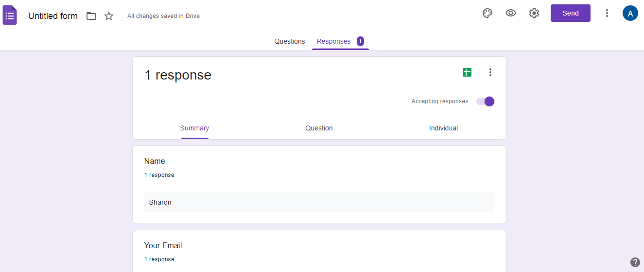Раздел Ответы в Google Forms с собранными данными