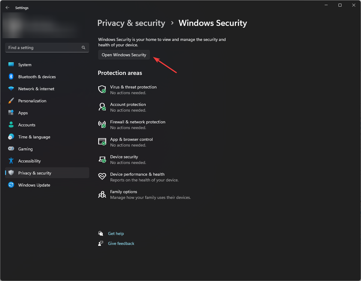 Кнопка открытия Windows Security