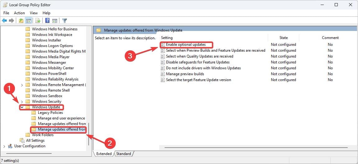 Дерево политик в gpedit: Управление обновлениями, предлагаемыми через Windows Update