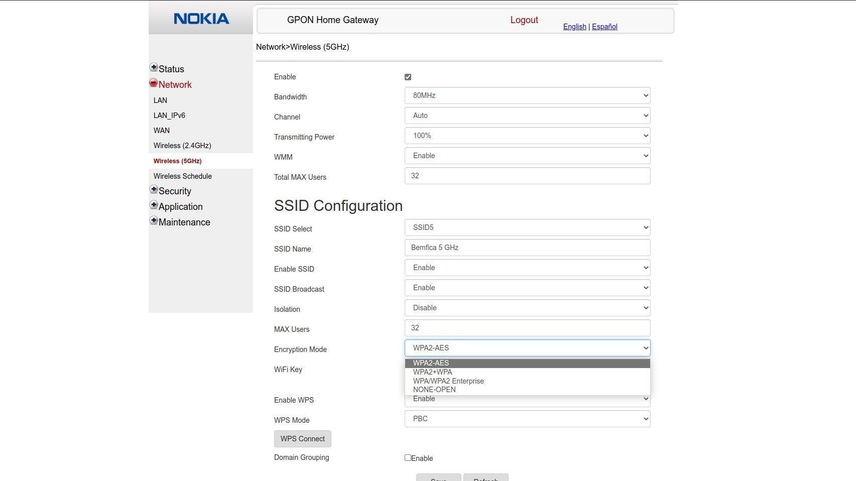 Nokia G-140W-H modem router combo network change security key type