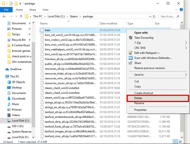 Fichier beta dans le dossier package de Steam