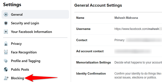 Раздел «Блокировка» в настройках аккаунта Facebook