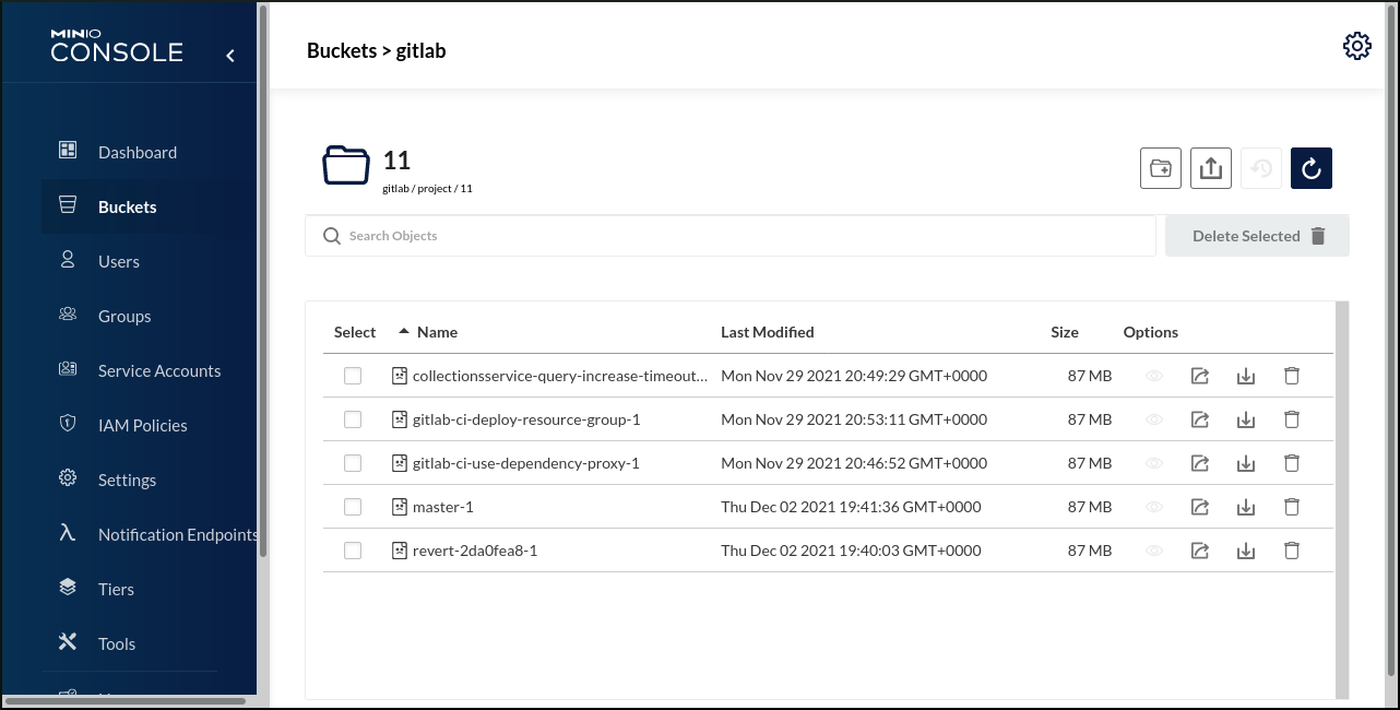 Содержимое bucket'а с кешами GitLab в консоли Minio