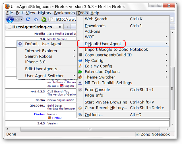 Botão do User Agent Switcher na barra de ferramentas do Firefox