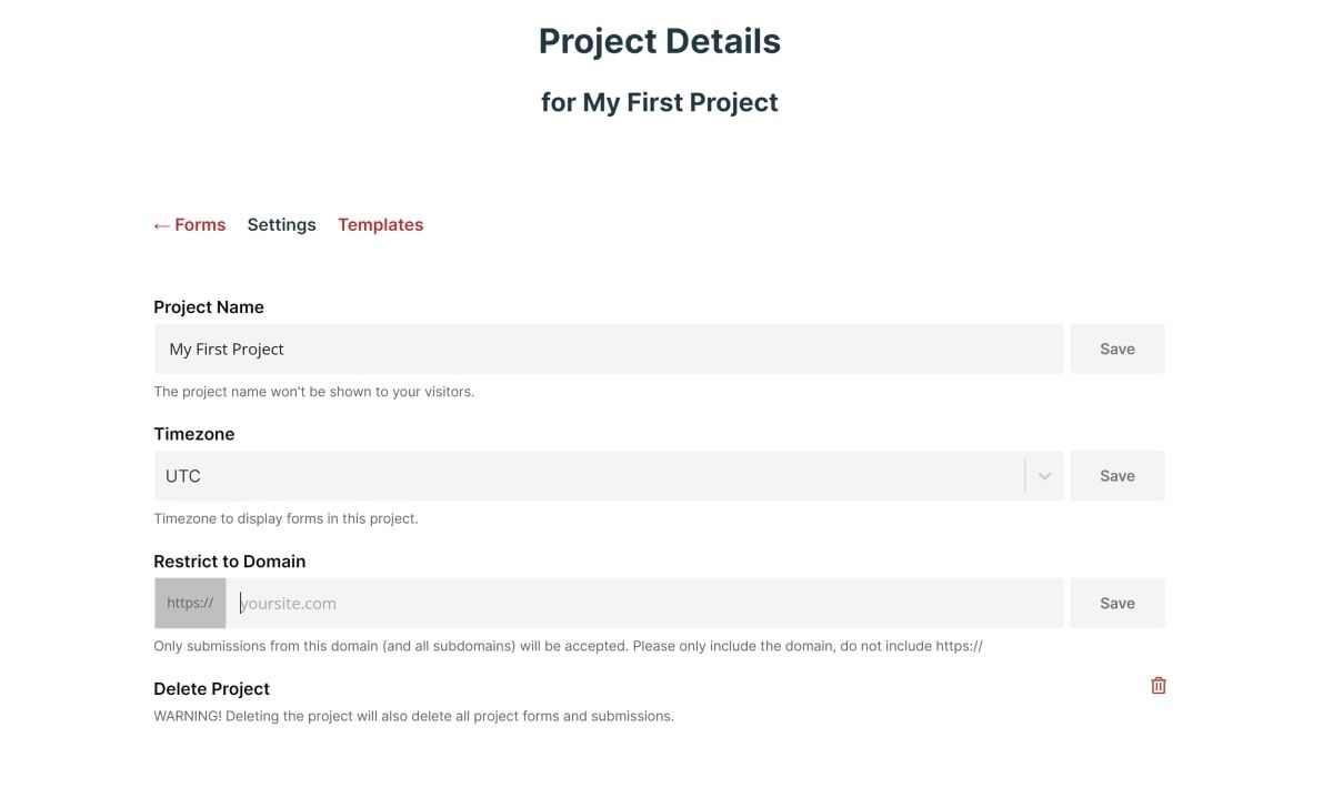 Страница настроек проекта в Formspree