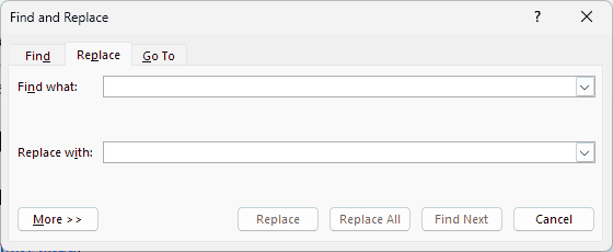 Диалог поиска и замены в Word на Windows