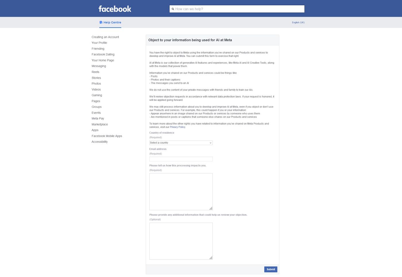 Опция Центра помощи Facebook.