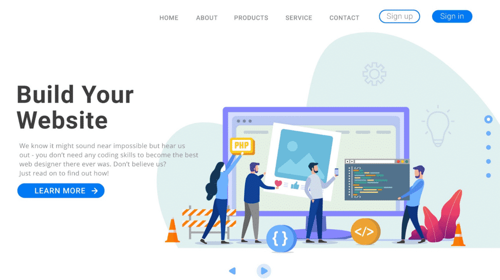 Рабочая панель конструктора сайтов с элементами сетки и цветовой палитрой